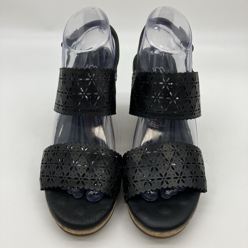 Walking Cradles Sandals 9 W Black Leather Cork Wedge Slingback Shoes Ankle Strap - Picture 4 of 14